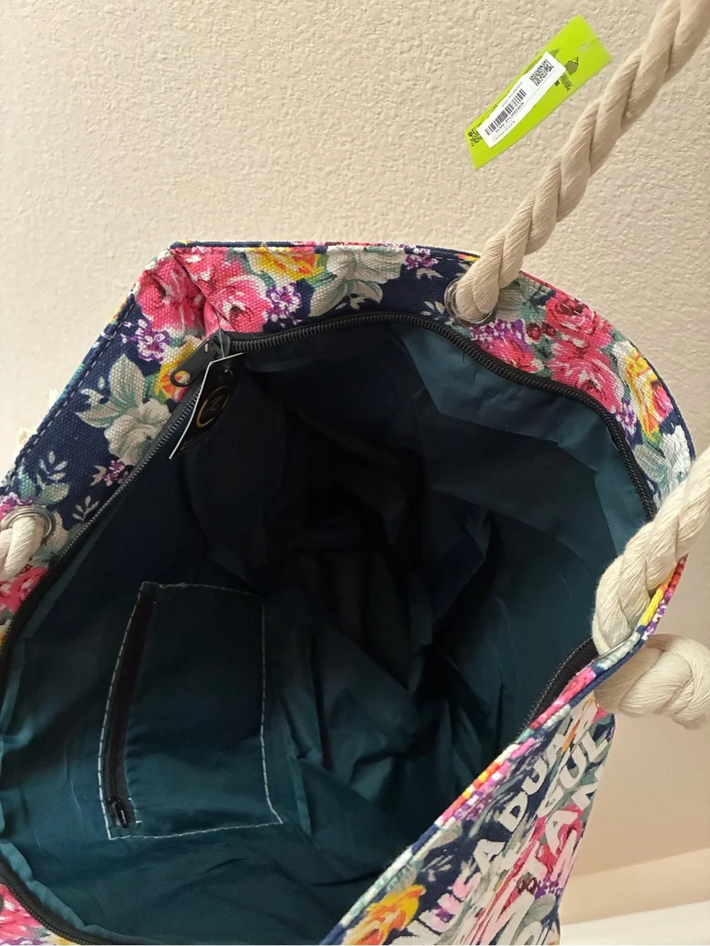 NWT Bali Floral Accent Tote Bag with Cream Rope Handles